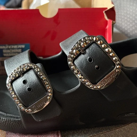 Skechers Black Sandals with Silver Buckles with arch support - Picture 2 of 4